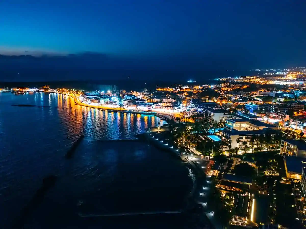 Aerial view of Paphos at night.