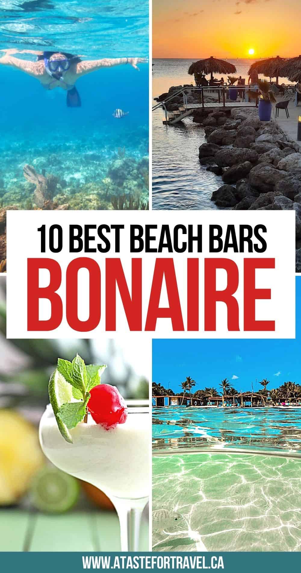Collage of four images of Bonaire including snorkeling, beach bars and cocktails.