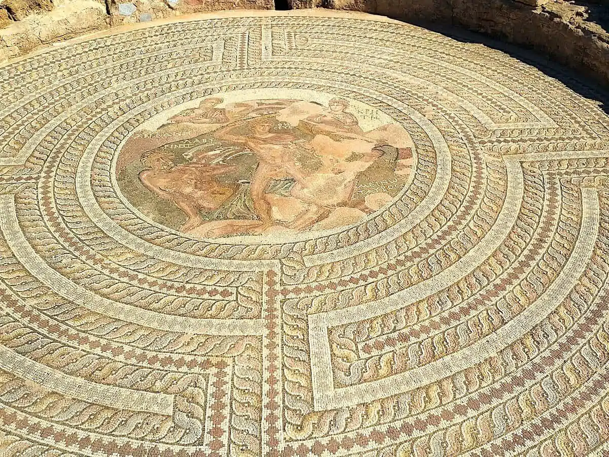 Overhead shot of Roman mosaics at the Paphos Archeological Park.