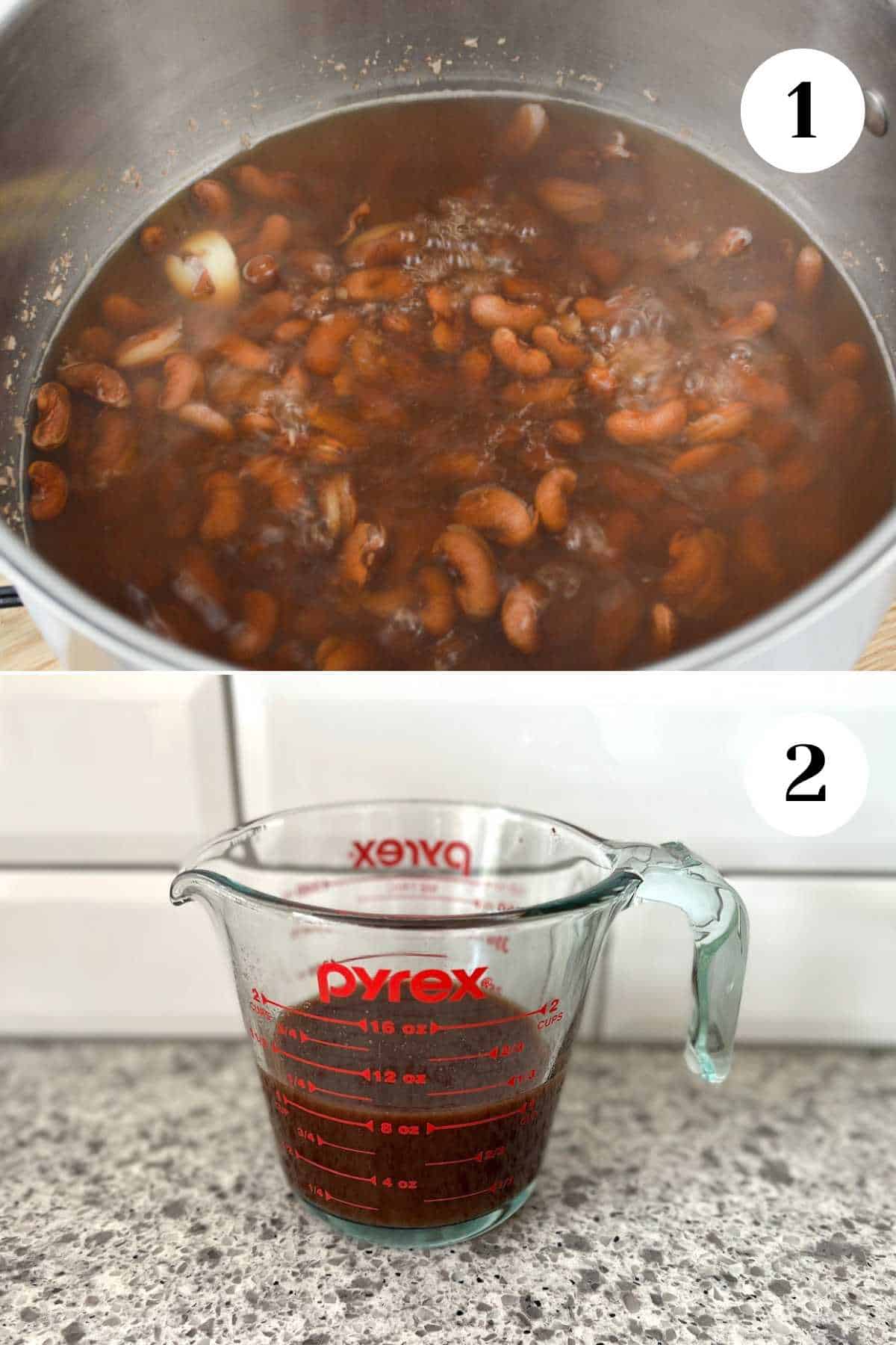 Collage of beans cooking in a pot and reserving the cooking liquid in a measuring cup.