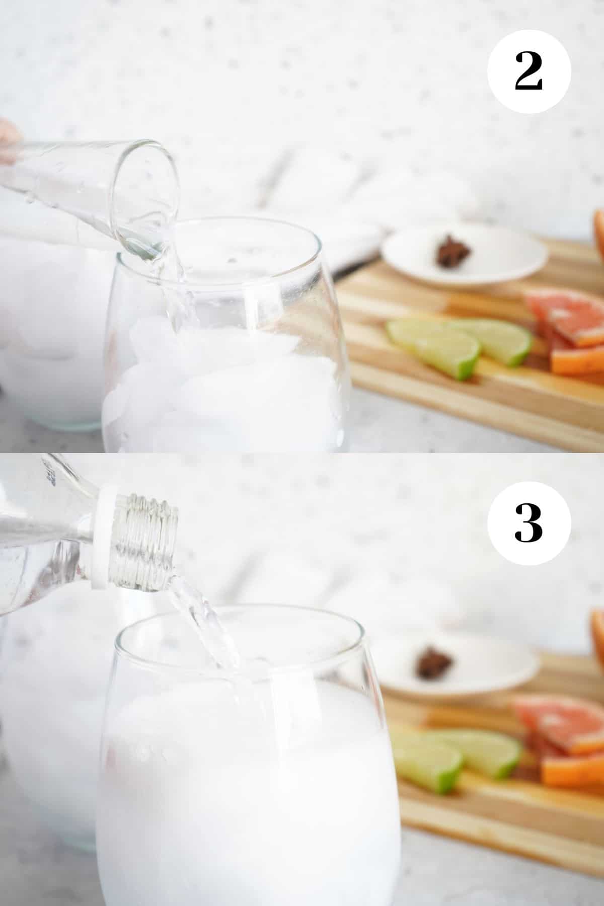 Collage showing pouring the gin and then the tonic into a glass.