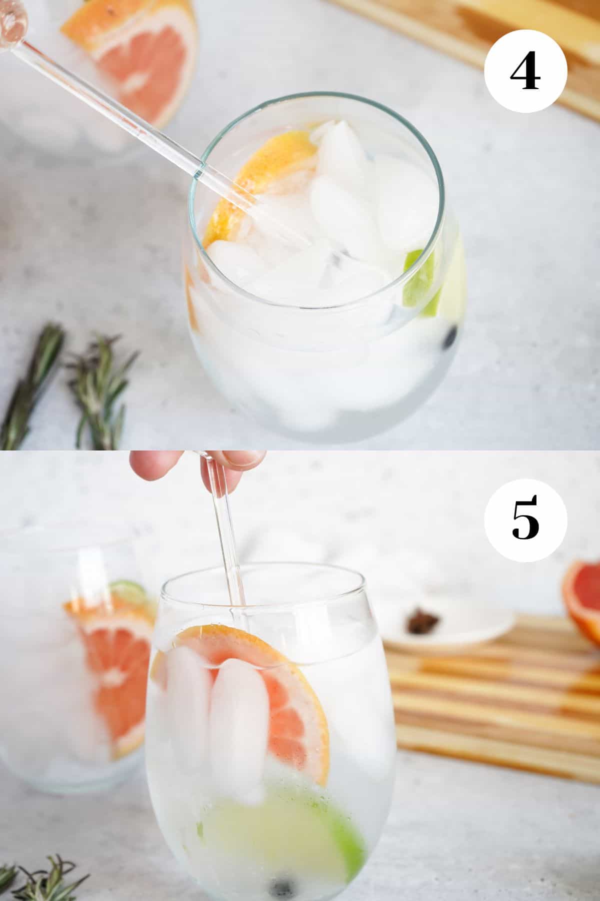 Collage of images adding the fruit and then stirring with a glass stick.