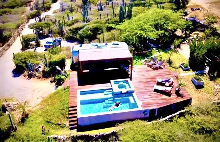 Aerial view of an Airstream RV in Aruba.