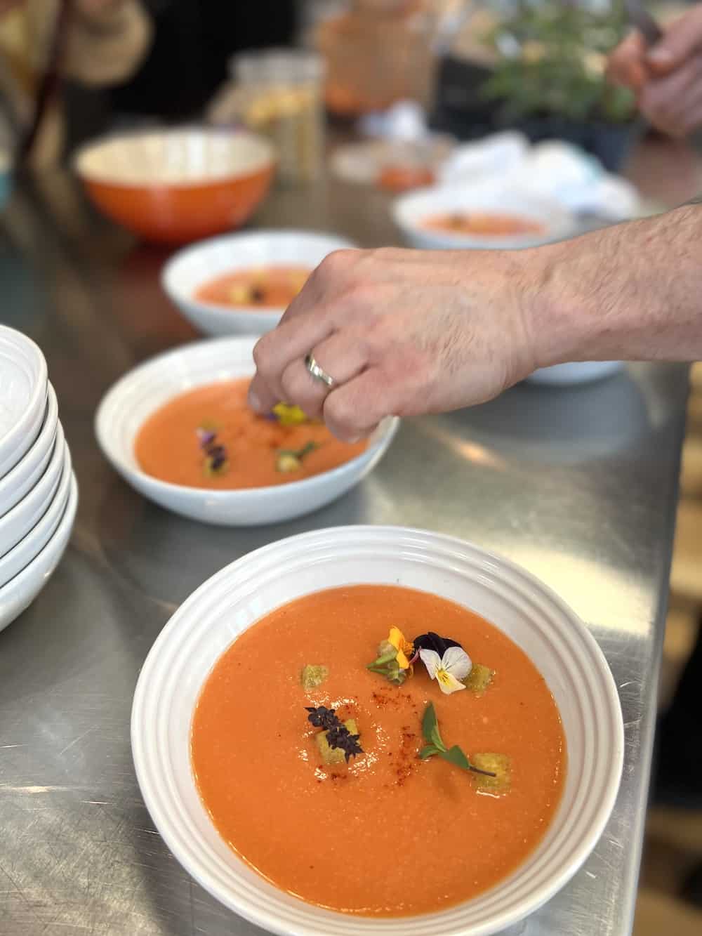 Chef making gazpacho soup cooking class. 