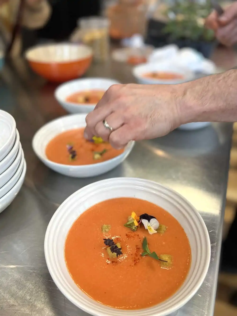 Chef making gazpacho soup cooking class. 