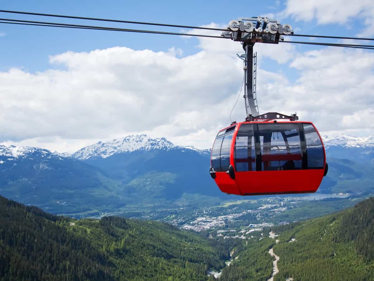 Red car of the aerial tramway connecting two high peaks at Whistler Mountain in British Columbia, Canada with blue sky and white clouds.