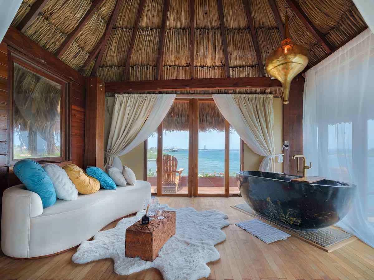 Interior of a overwater villa at Aruba Ocean Villas.