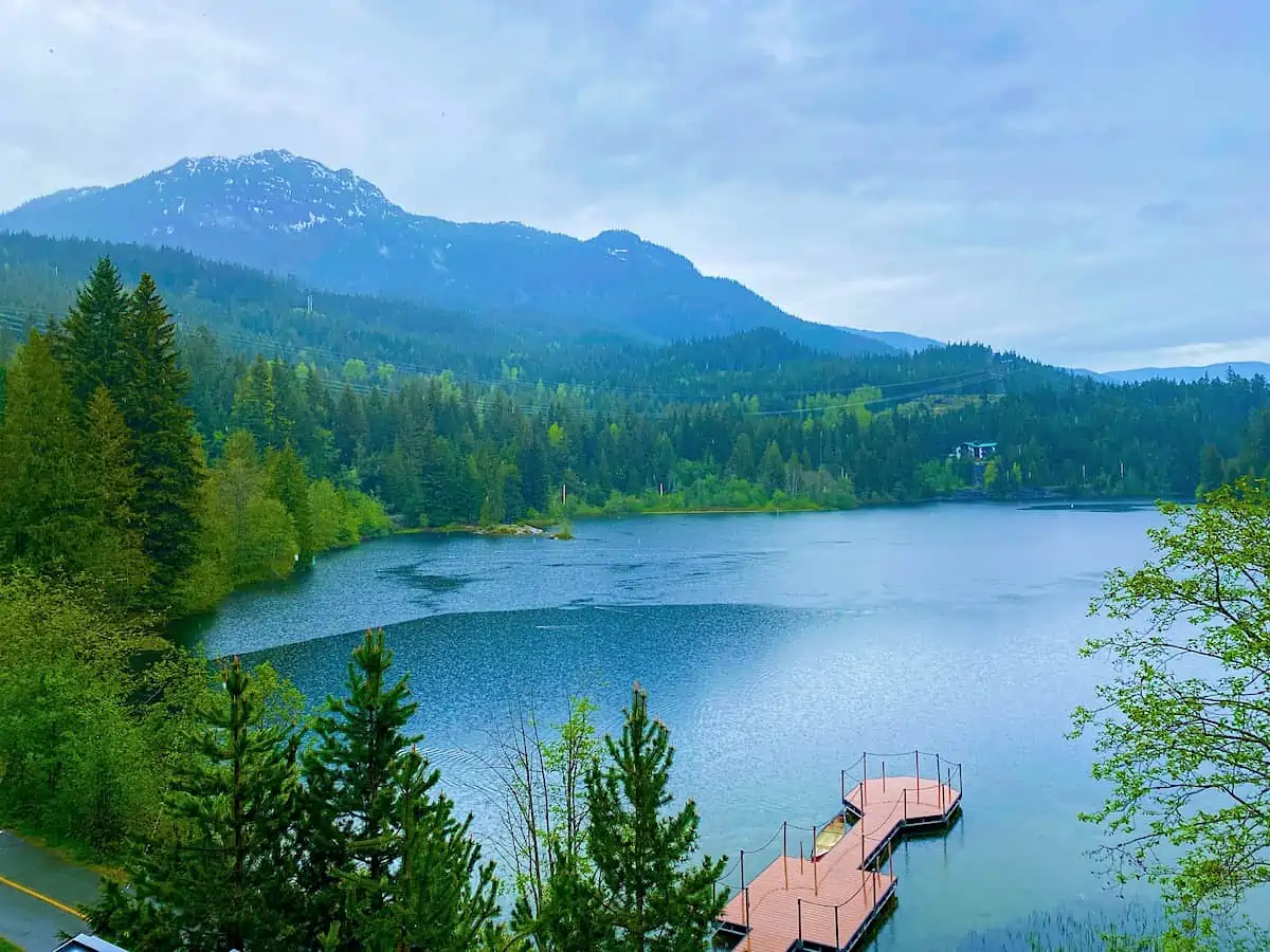 View of lake and dock from Nita Lake Lodge in Whistler.