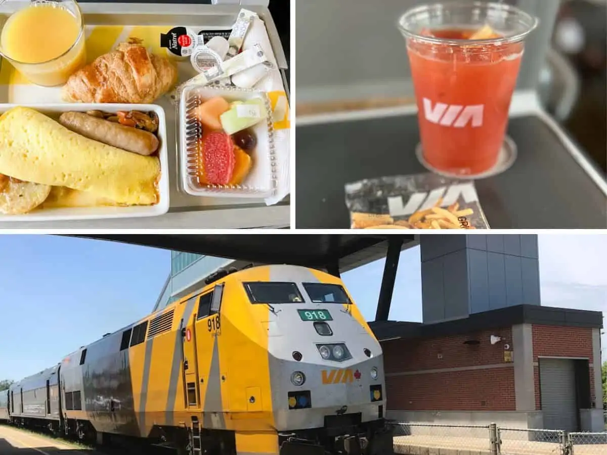 Collage of via rail meal, drink and train.