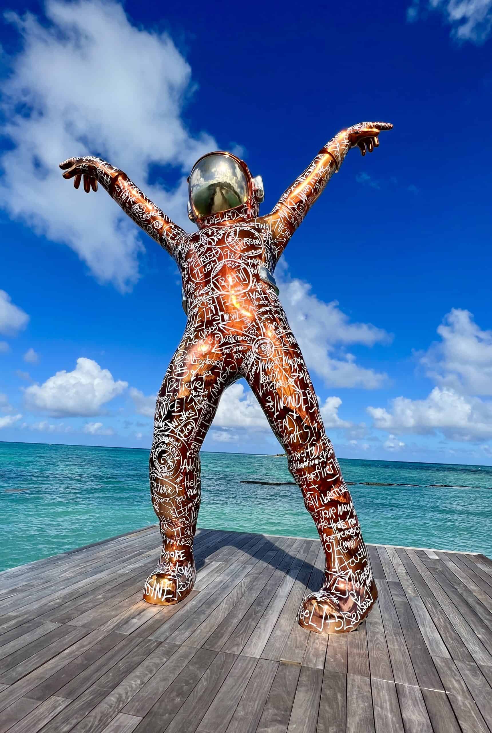 Boonji Spaceman sculpture by artist Brendan Murphy at Hodges Bay Resort in Antigua. 
