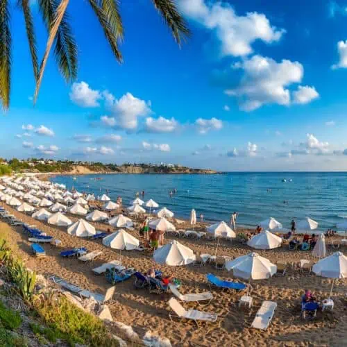 Aerial view of Coral Bay beach in Paphos.