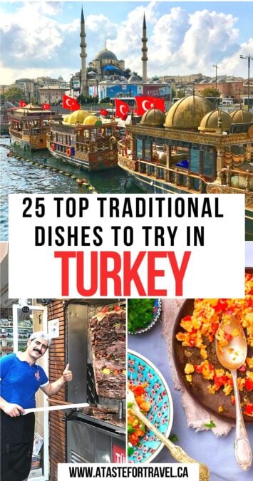 A collage of three images of Turkish food, Istanbul and a food vendor with text overlay for Pinterest. f