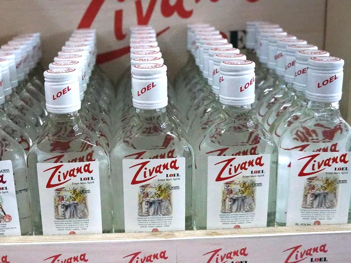 A row of bottles of Zivana on a shelf in Cyrpus.