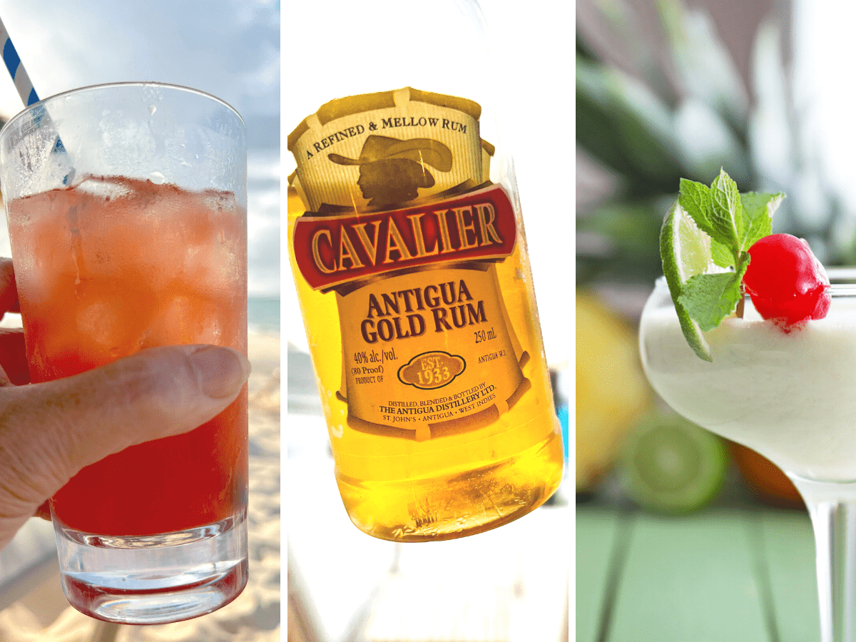 Collage of two rum cocktails and a bottle of Cavalier rum.