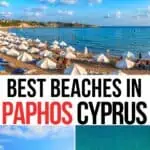 Collage of three of the best beaches in Paphos Cyrpus with text overlay for Pinterest.