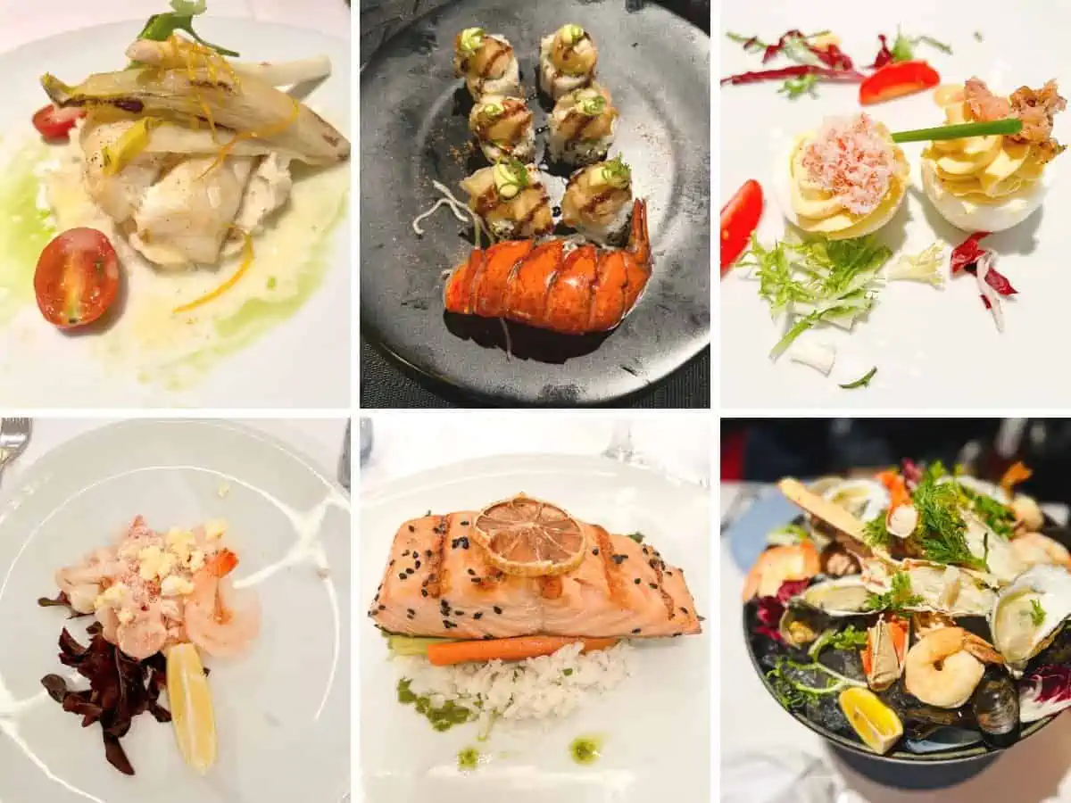 Collage of six seafood dishes on Holland America's Nieuw Statendam.