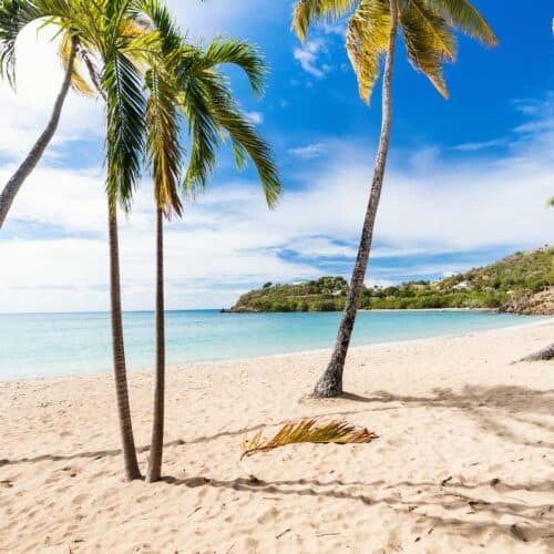 Carlisle bay beach with white sand, turquoise ocean water and blue sky at Antigua island in Caribbean