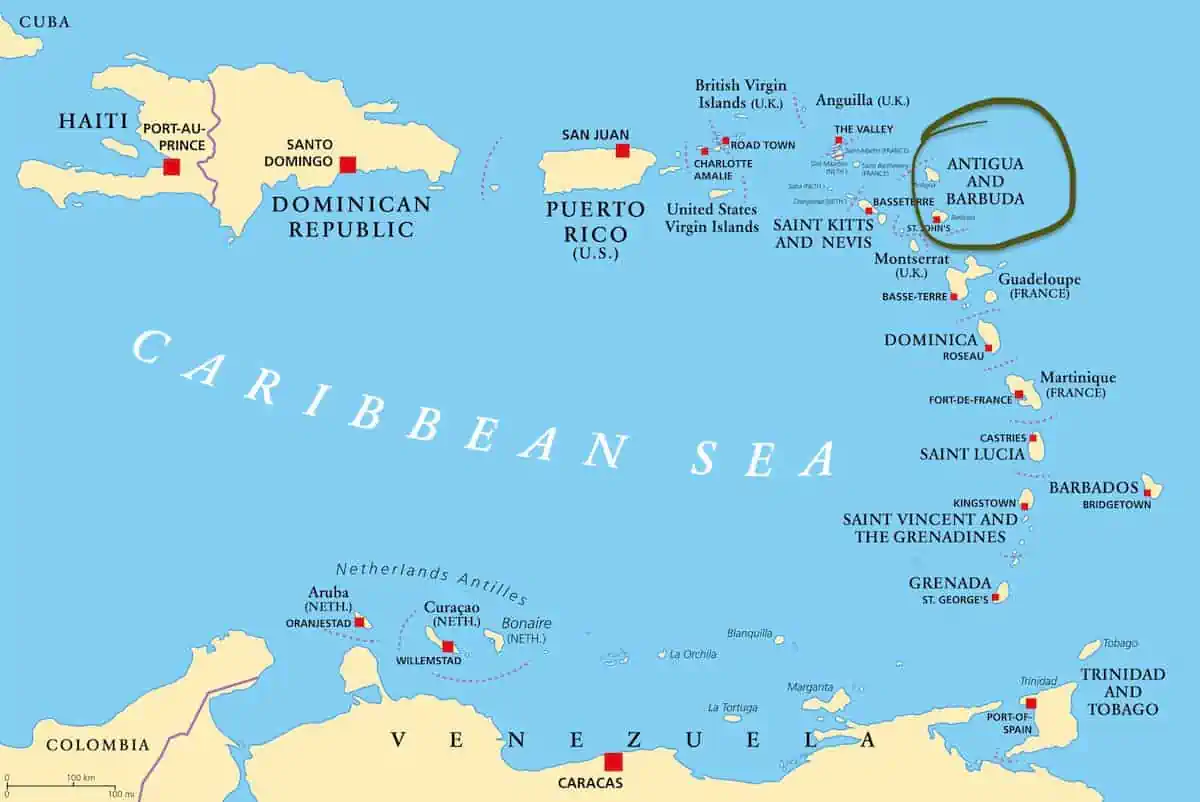 Map of the Caribbean showing Antigua and Barbuda.