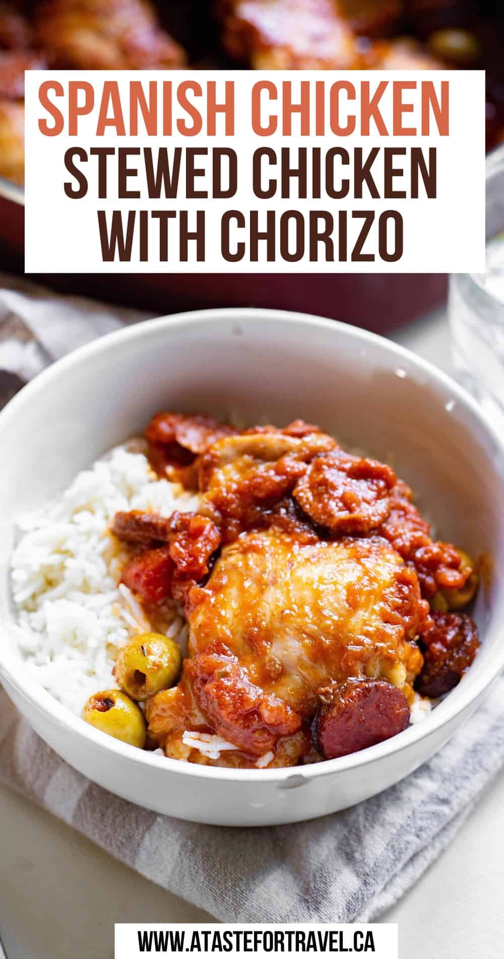 Bowl of Spanish chicken stew with Pinterest text overlay. 