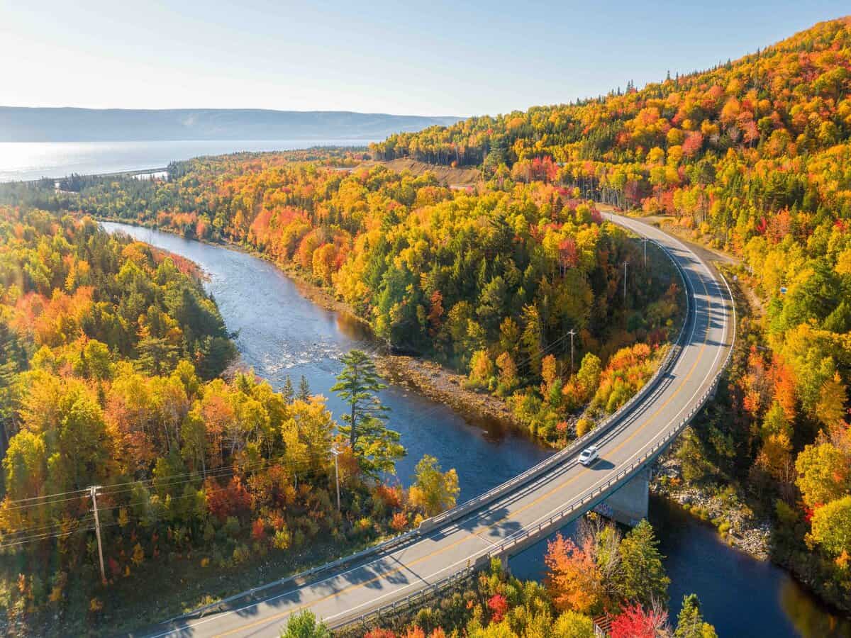Aerial view of fall foliage on the Cabot Trail in Cape Breton.