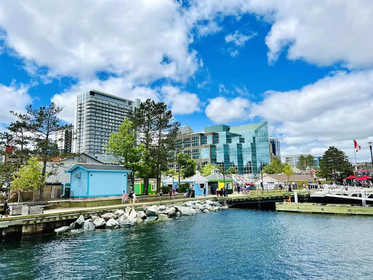 Restaurants and boardwalk on the Halifax waterfront. 