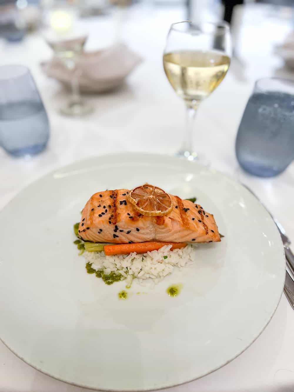 Salmon entree in the Dining Room of Holland America. 