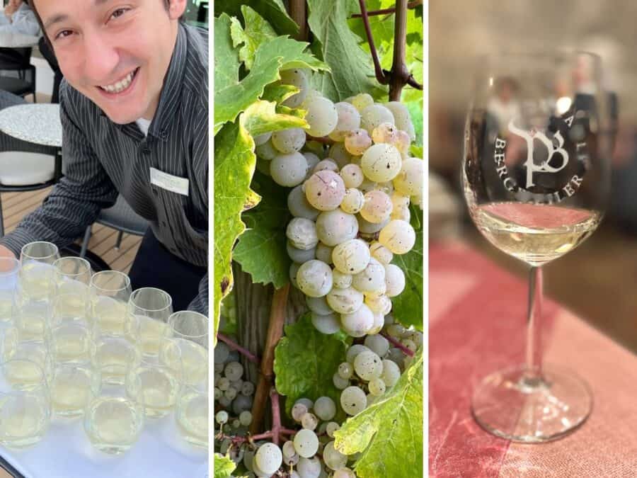 Collage of sampling wines in the Moselle Valley.