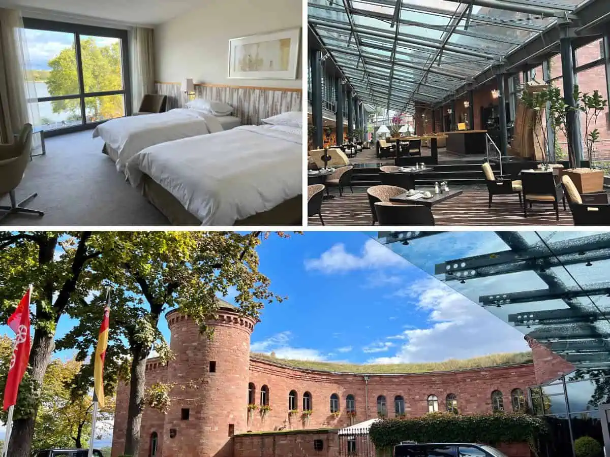 Collage of guest suite, exterior and lobby at the Hyatt Regency Mainz.