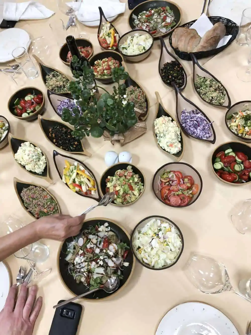 Dinner at Sherman's with a variety of food on table with hands.