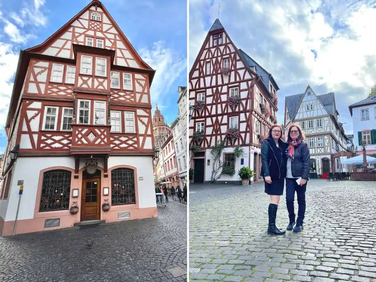 Half-timbered buildings in Mainz Germany. Collage of Mother - Daughter in kirschgarten in Mainz, Germany.