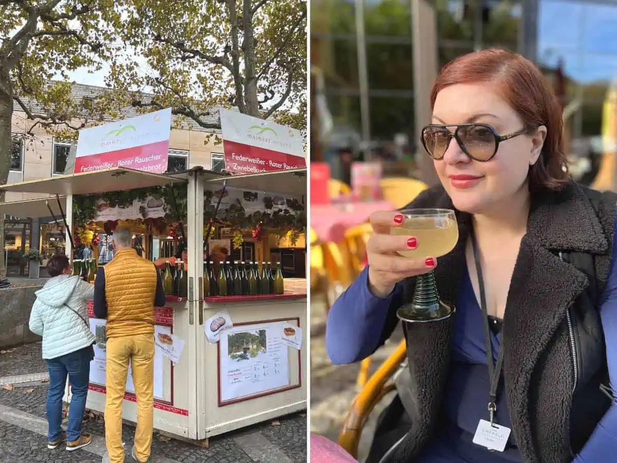 A collage of a federweisser stall and a woman drinking a glass of new wine.