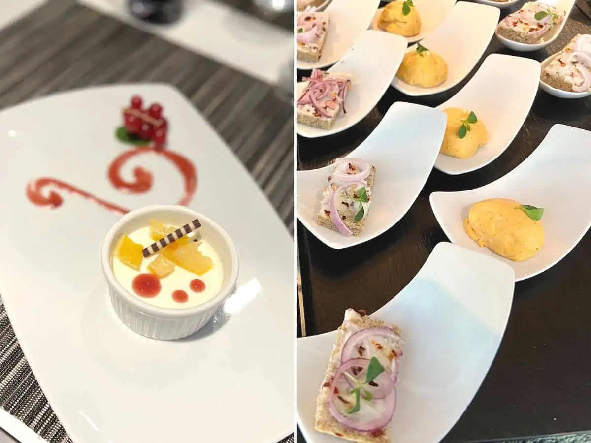 A collage of a dessert and an appetizer buffet on the Emerld Sky.  