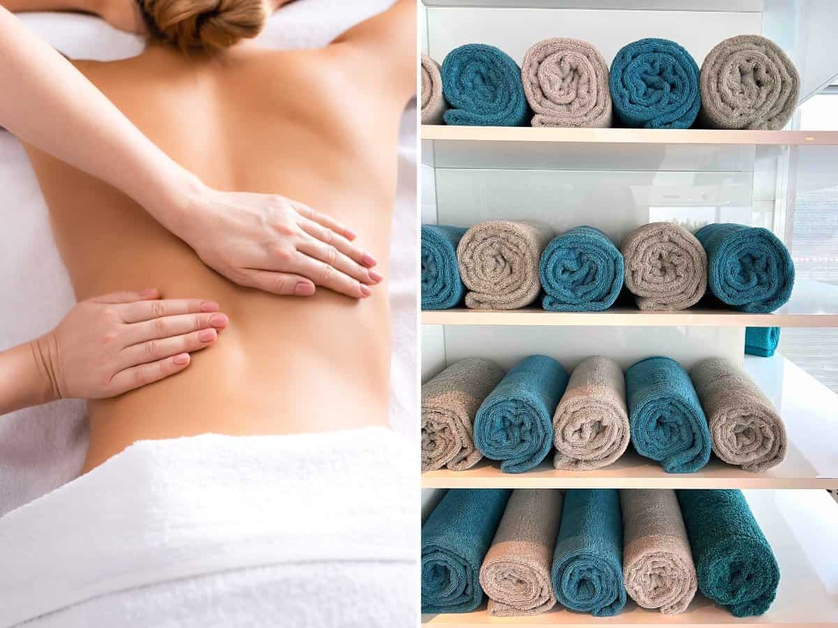Collage of massage and blue towels on Emerald Sky river ship.