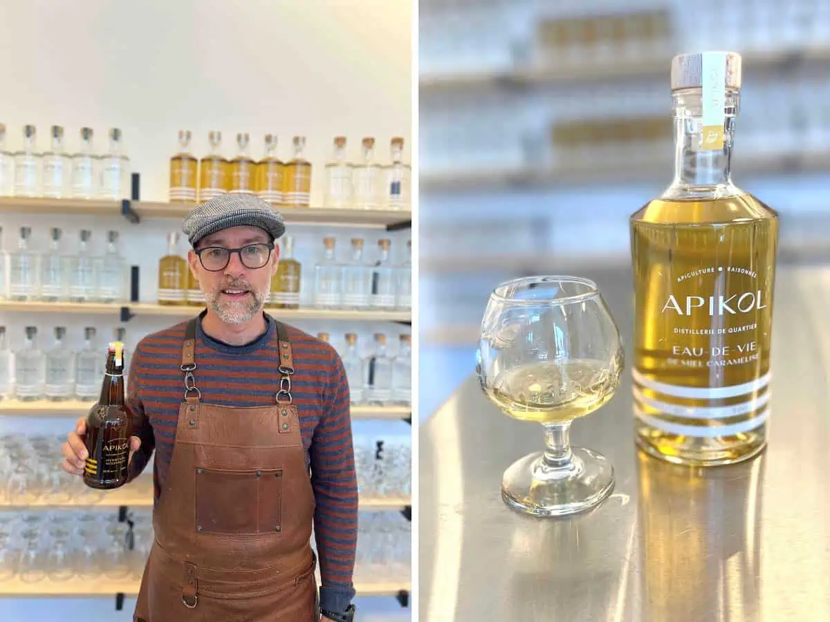 A man offering a tasting of honey liquor at Apikol Distillery in Quebec City.