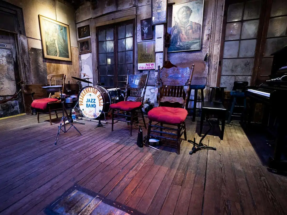 Chairs set up for Jazz show at Preservation Hall. 