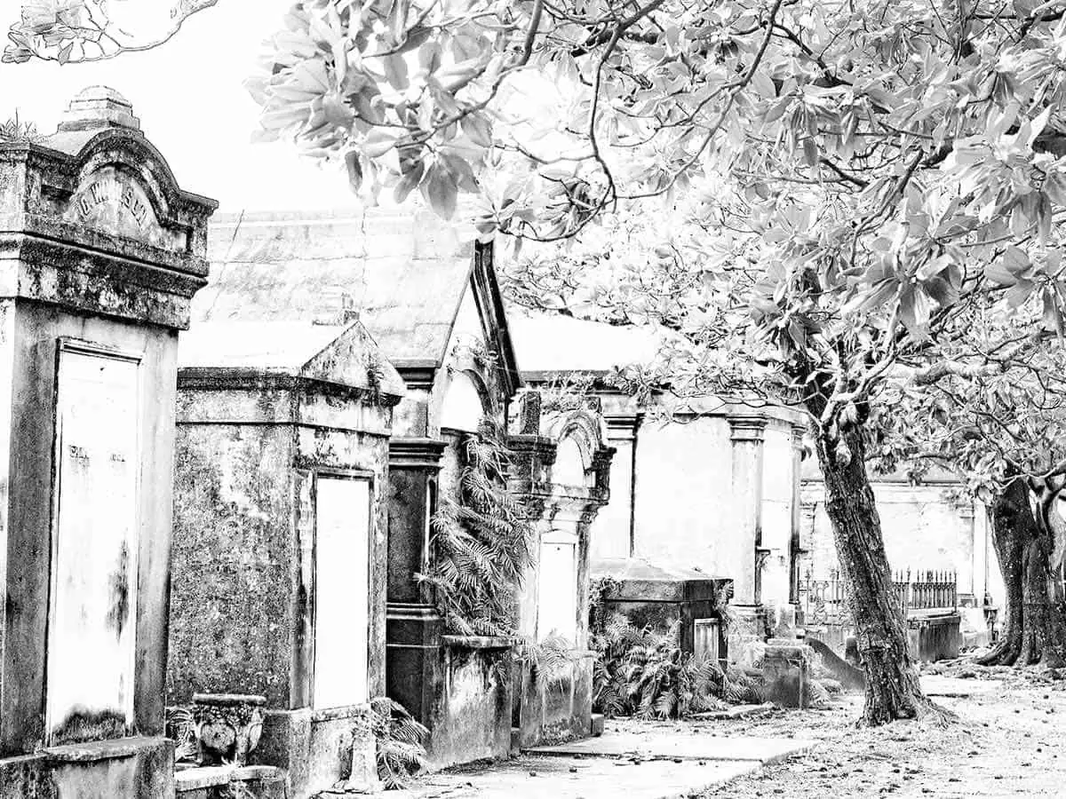 Black and white image of Lafayette Cemetery New Orleans. 