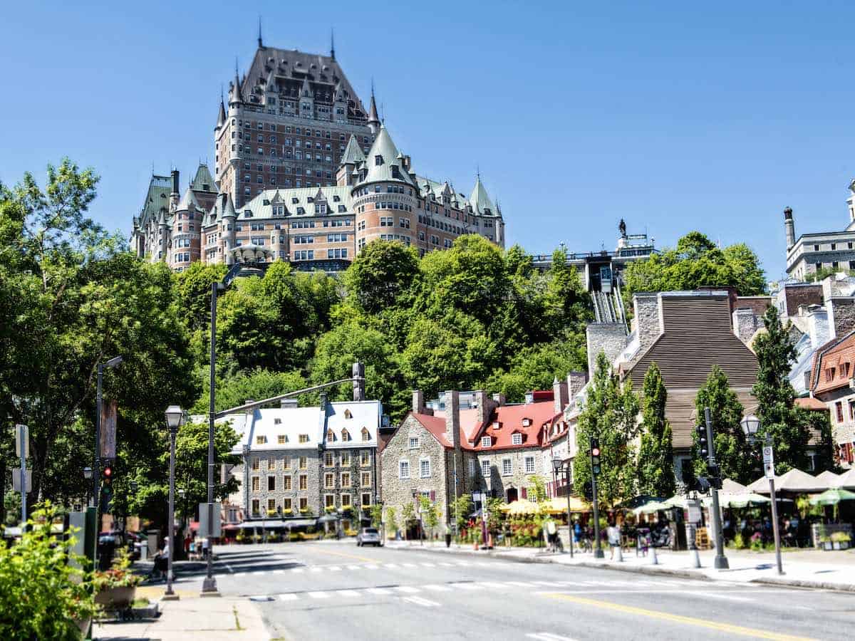 View of Quebec City's historic buildings in the summer. 