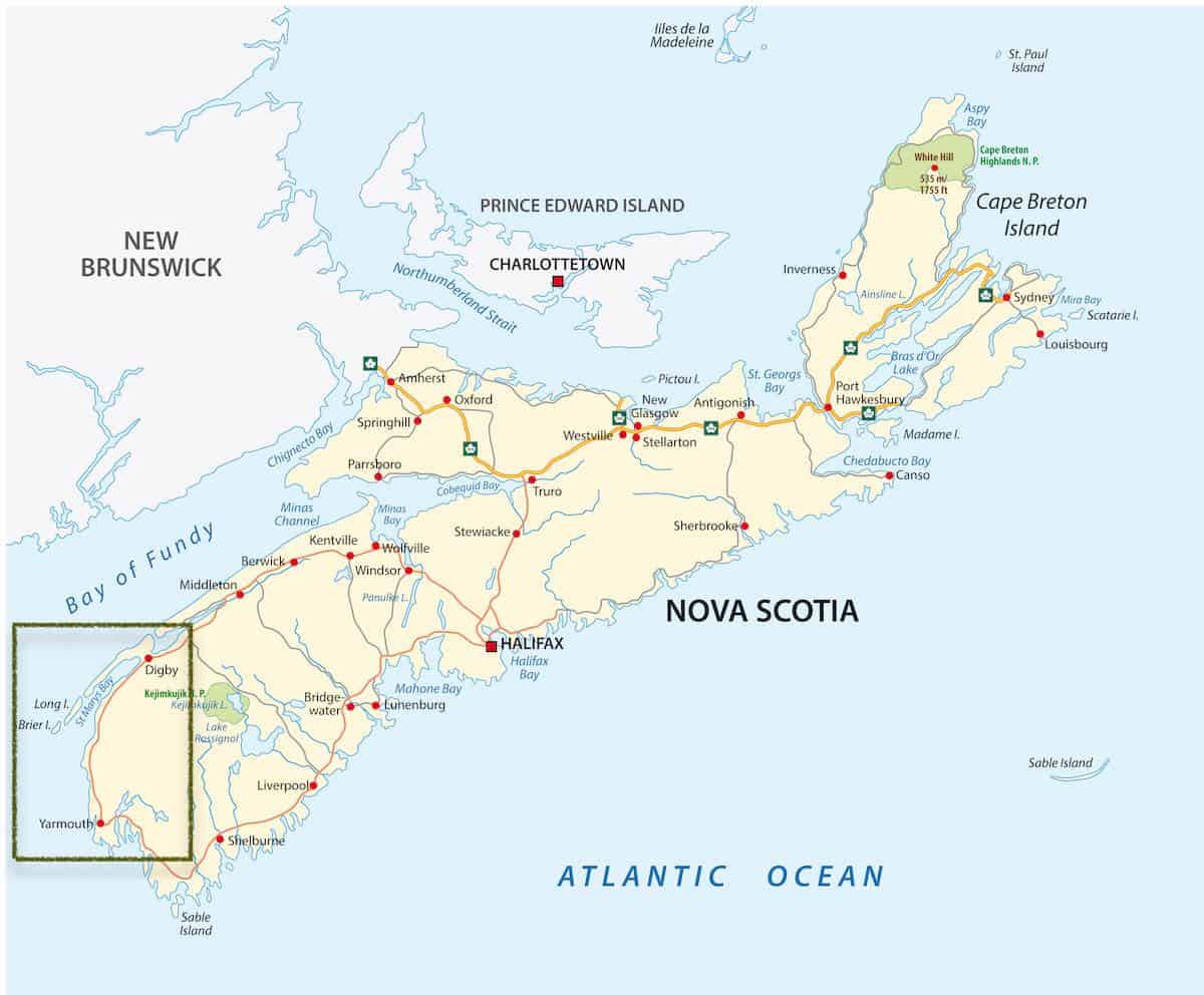 Map of Digby, Yarmouth and Acadian Shores in Nova Scotia.