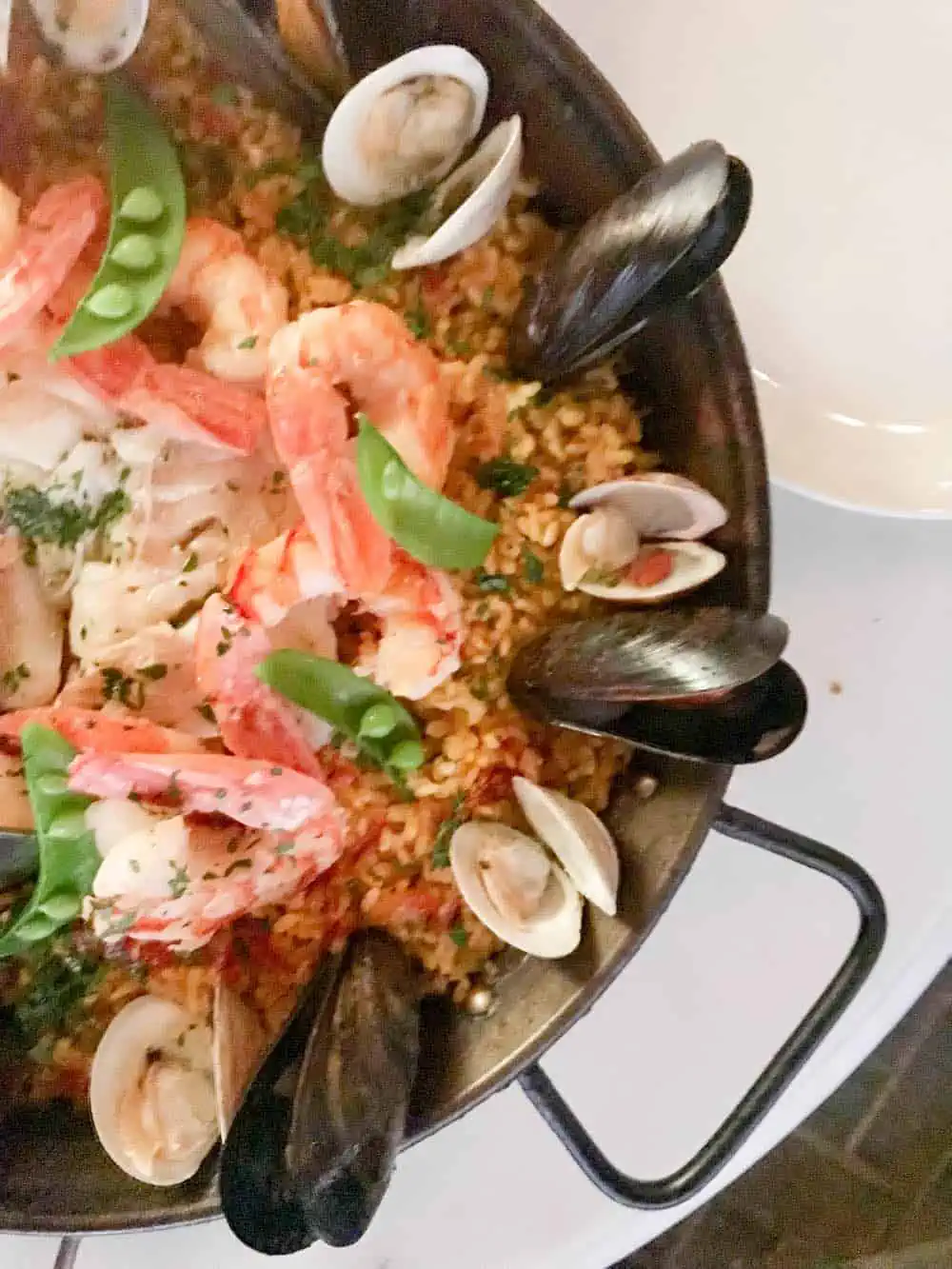 Seafood paella with mussels and clams. 