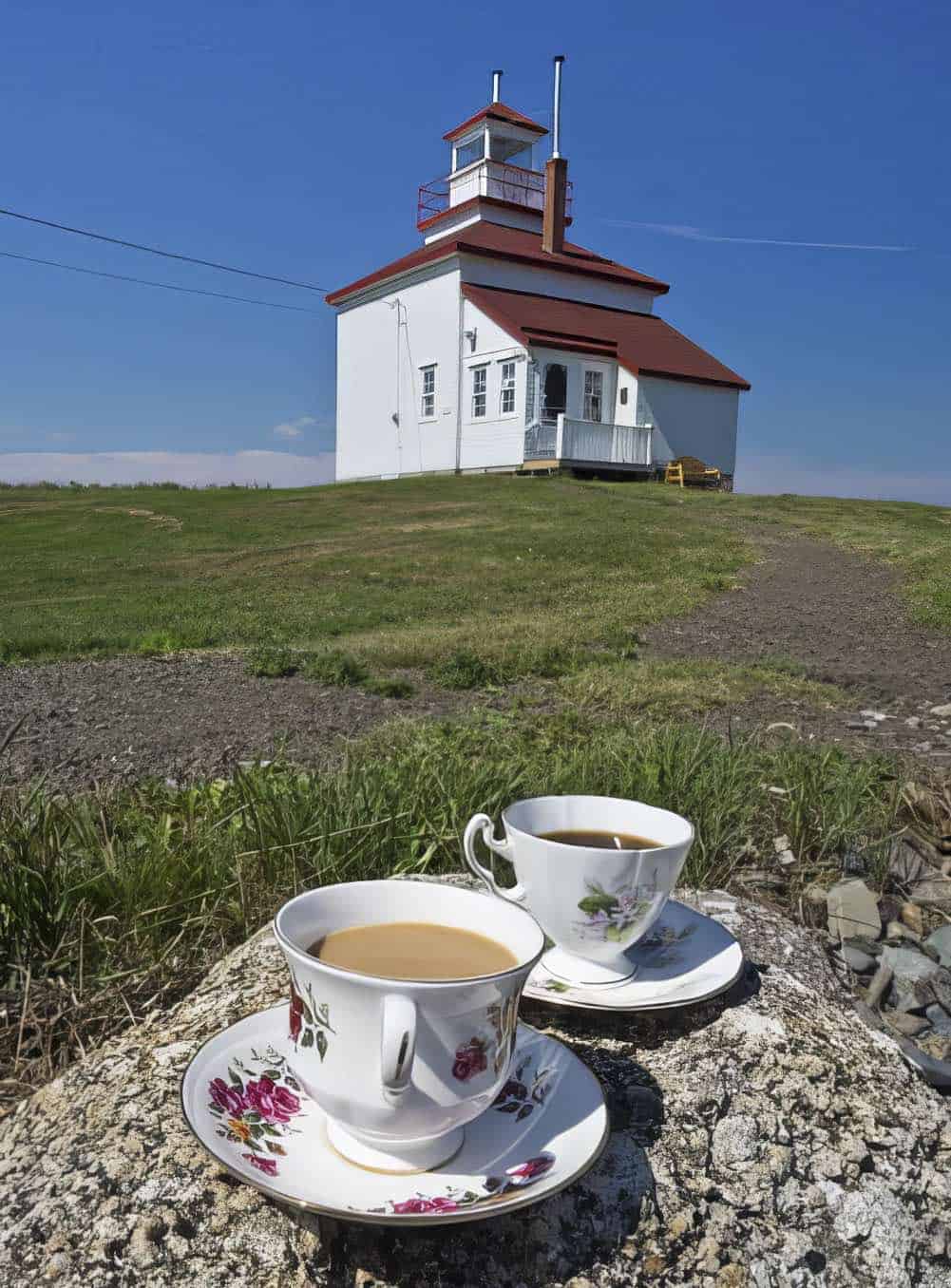 China tea cups on some rocks at Gilbert's Cove Lighthouse.