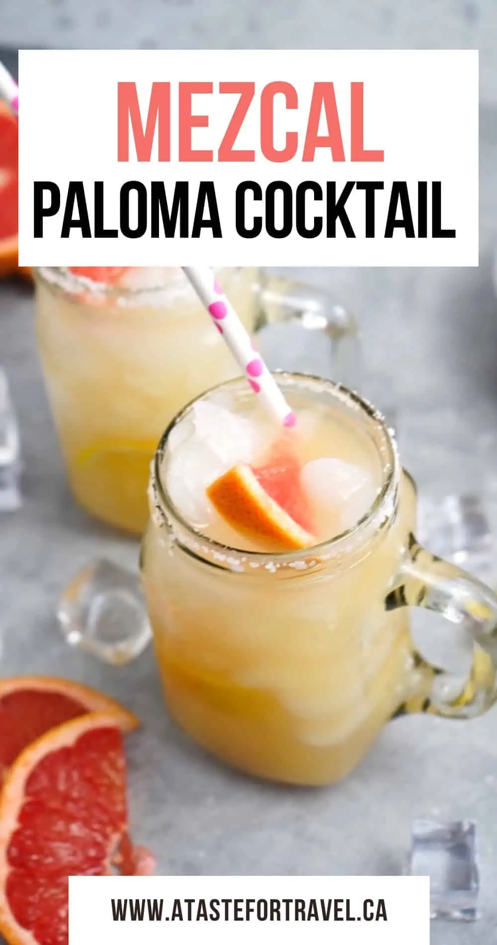 Two mason jar glasses with a mescal cocktail garnished with grapefruit. 