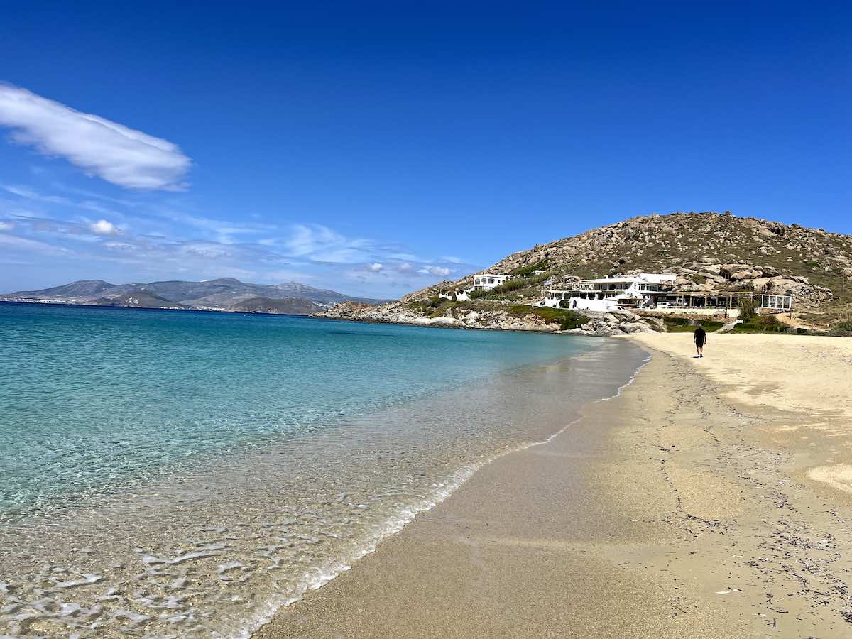 A man walking on Agios Prokopios Beach in Naxos.