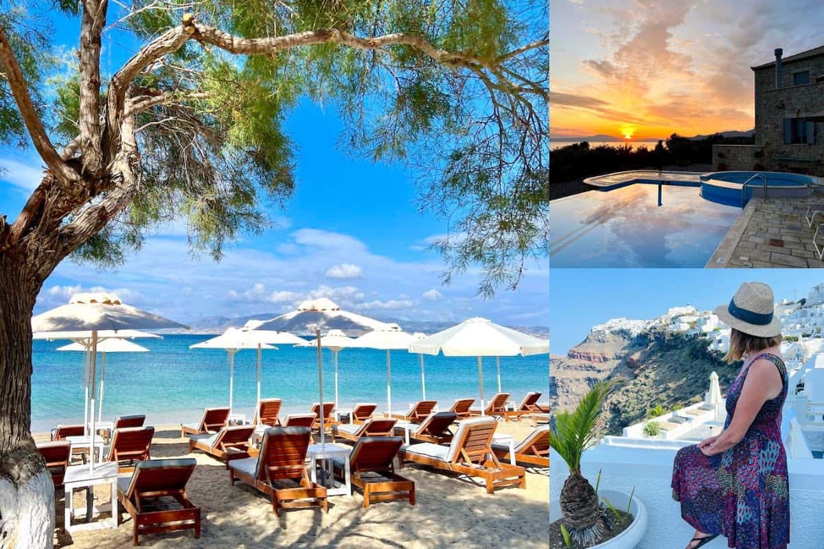 Collage of Michele Peterson and hotels in Greece including Mythos Villas and Nikos in Naxos, Greece. 