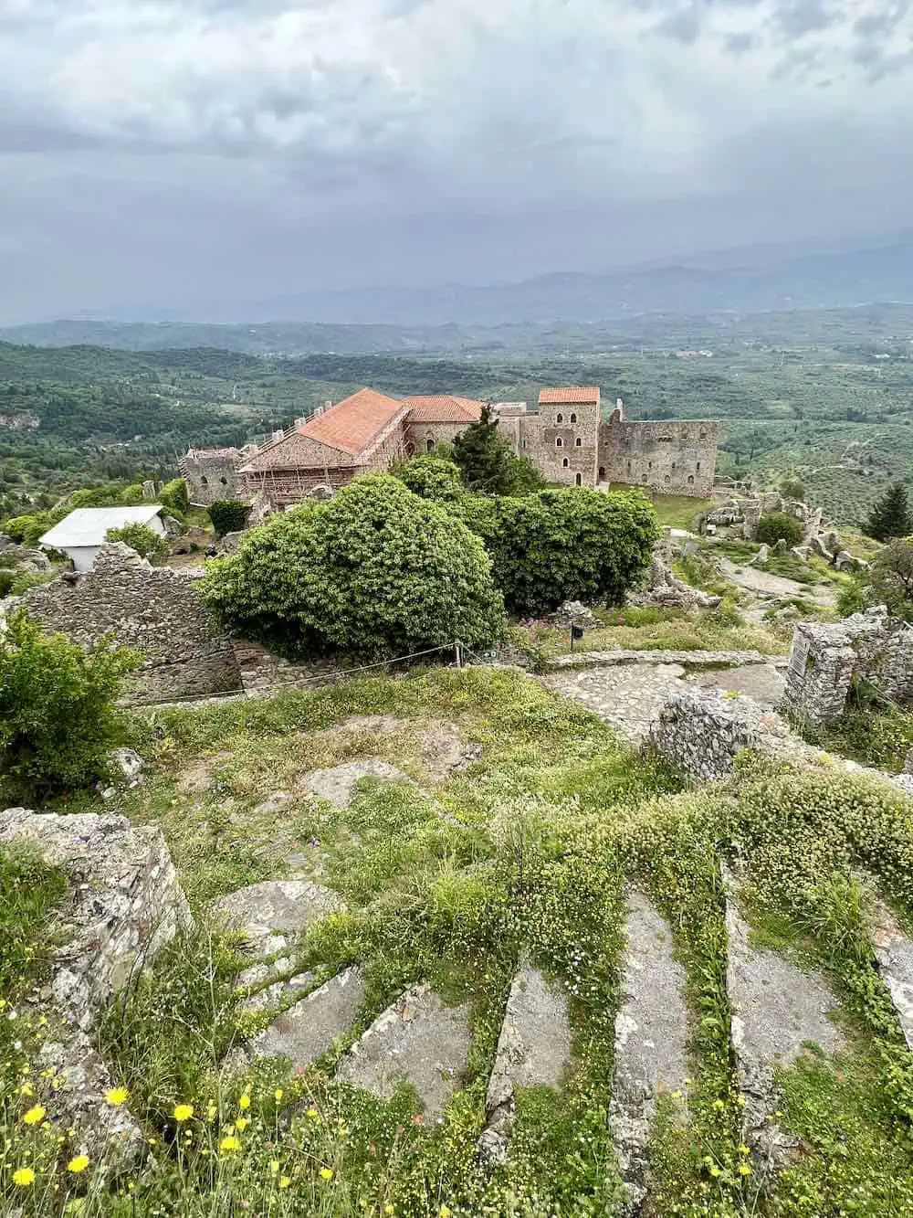 Stairs at the UNESCO World Heritage Site of Mystras on a misty day. 