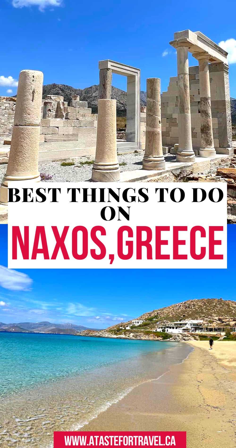Collage of Temple of Demeter and a beach on Naxos for Pinterest. 