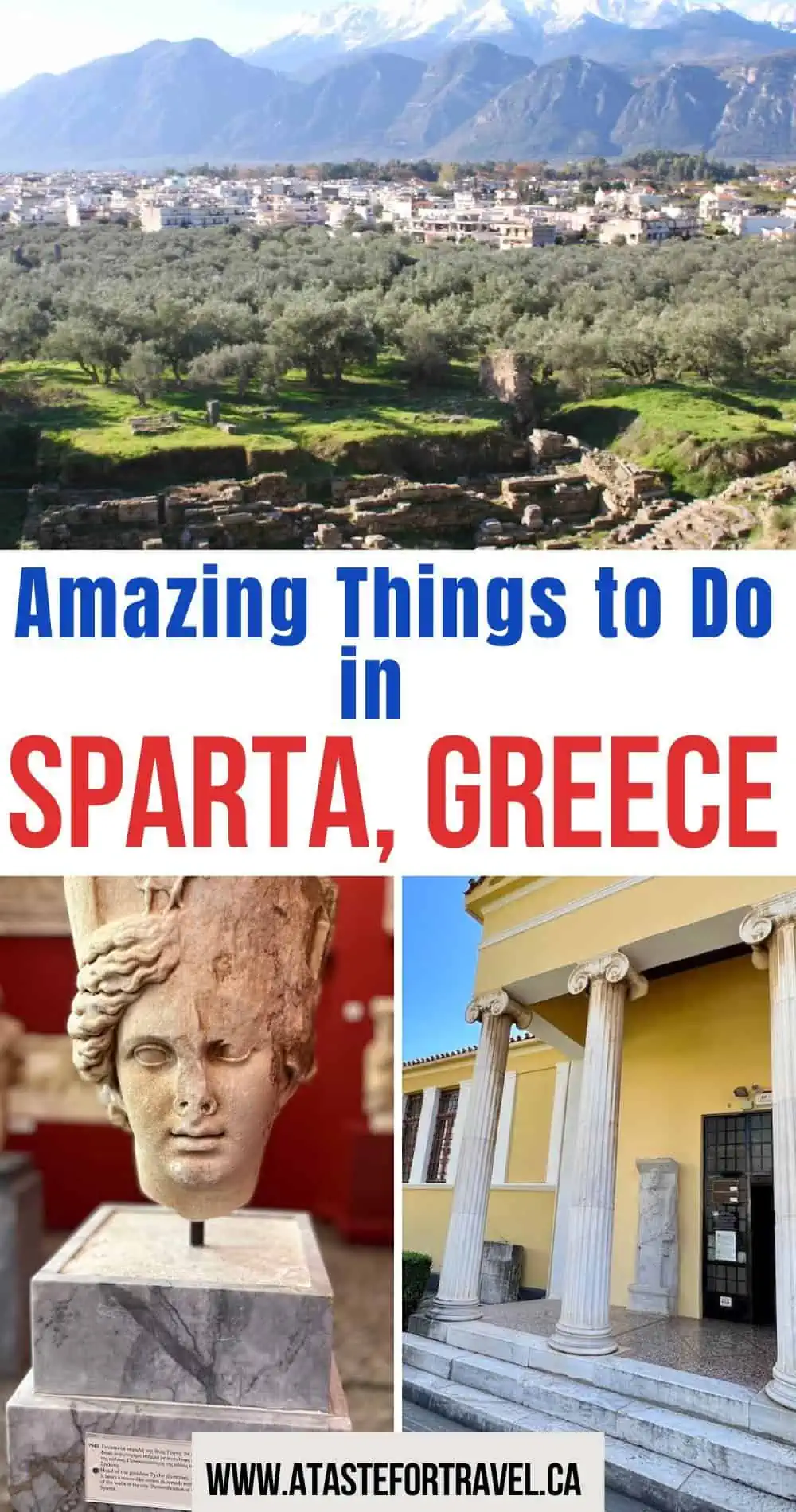 Collage of things to do and see in Sparta such as the Acropolis, the Theatre and the Museum. 