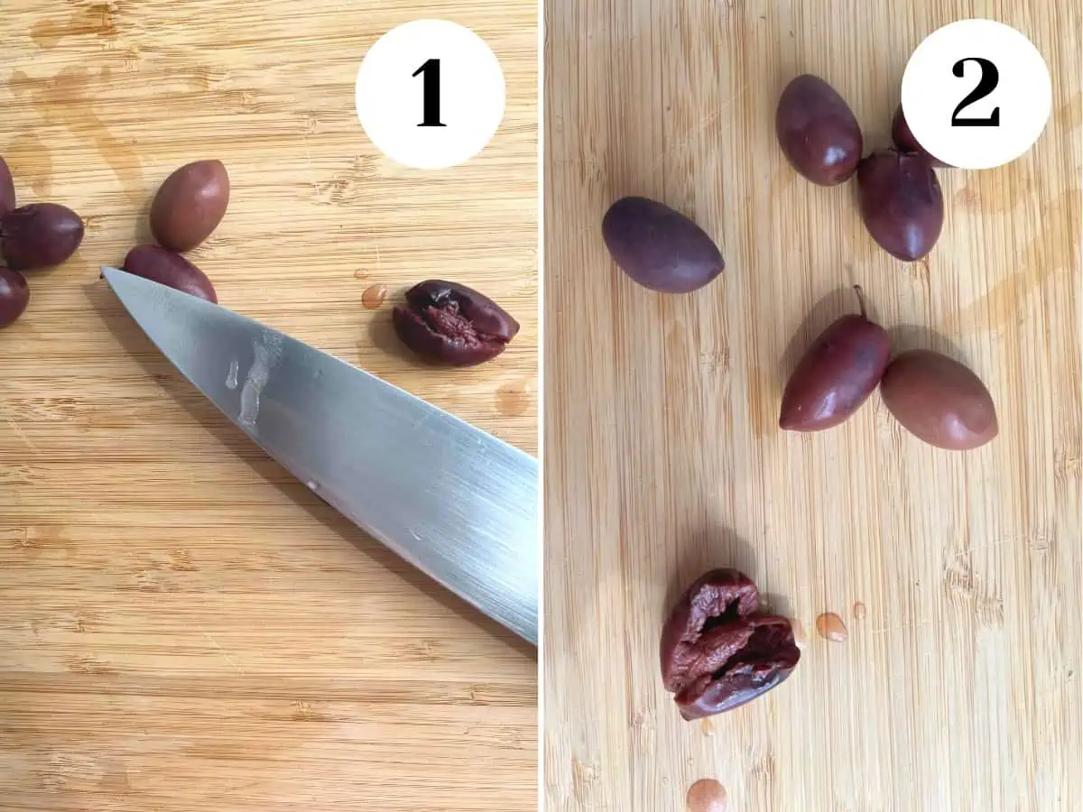 A knife pressing down on an olive until it splits beside an olive with a split skin. 