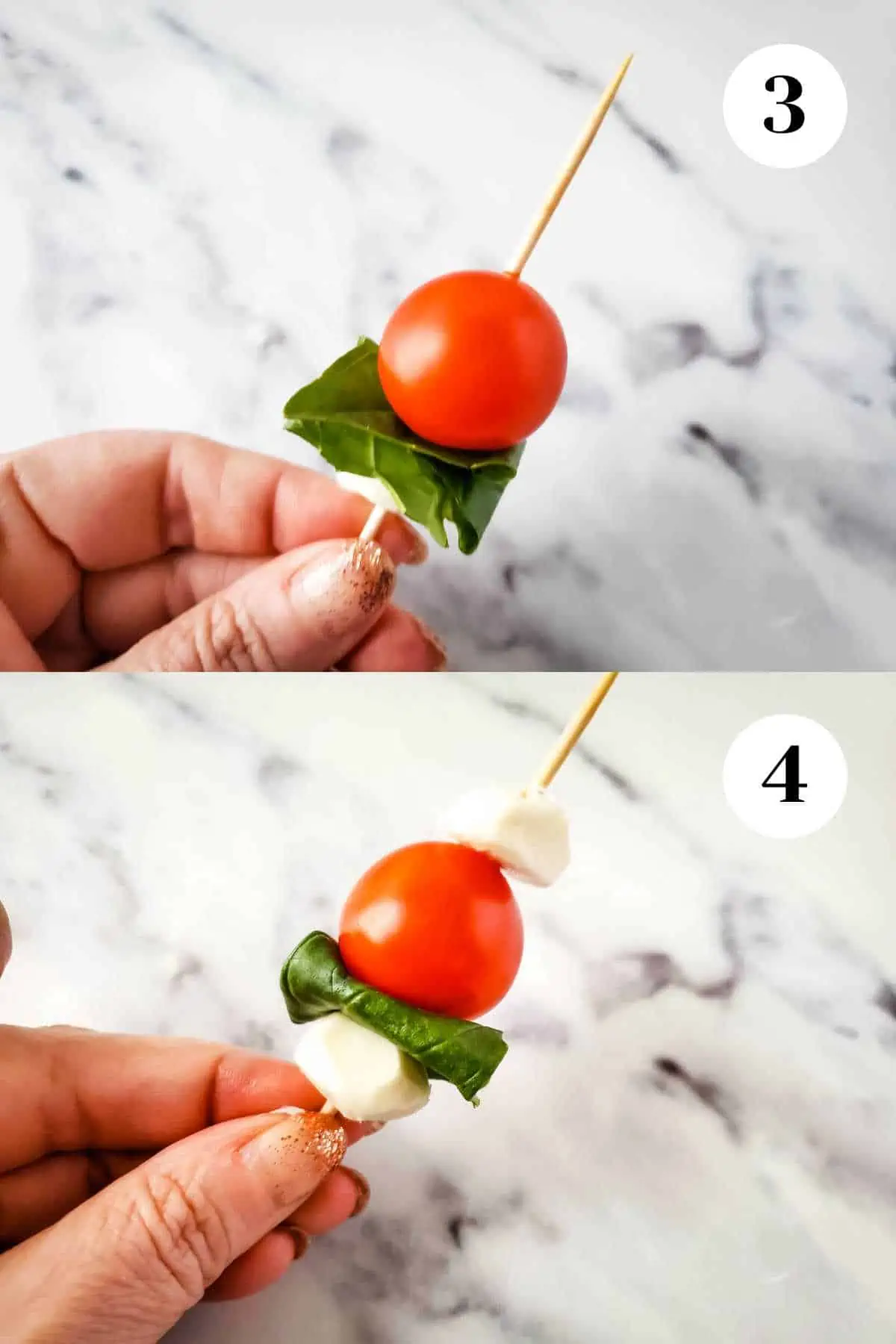 A collage showing adding a tomato to the skewer and then a mozzarella ball.