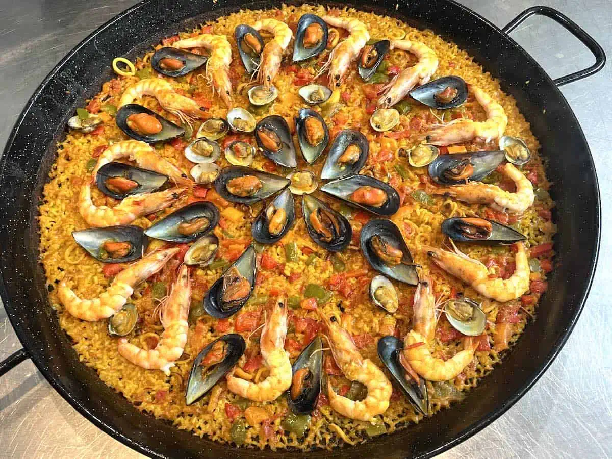 A large pan of seafood paella in Barcelona, Spain. 