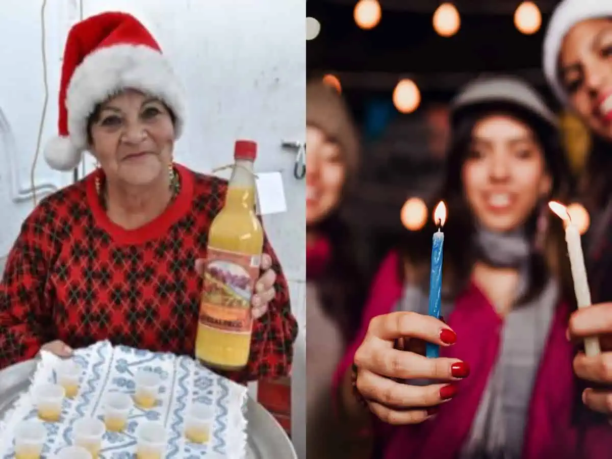 Collage of a woman serving rompope ( eggnog) in Guatemala and at a posada. 